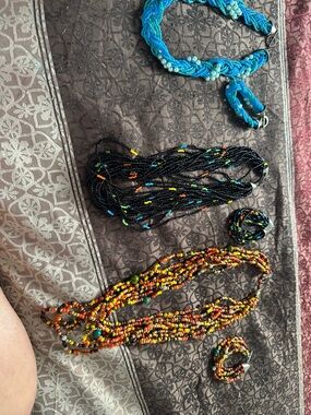 Multicolor Beaded Necklace Set - Blue, Black, Orange/Yellow